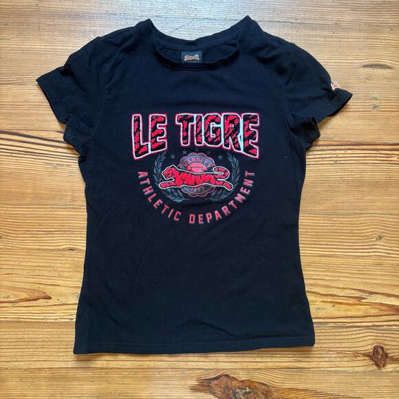 Le Tigre Tops - Le Tigre black red textured logo short sleeve graphic shirt SIZE S